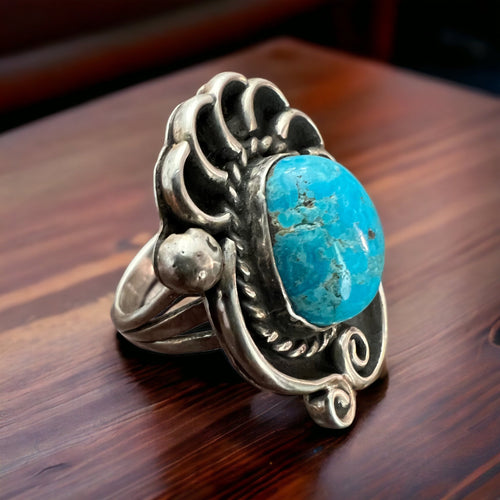 Turquoise ring - beautiful large cabochon on shadow box style base - Size 6 - Cowhide and Conchos