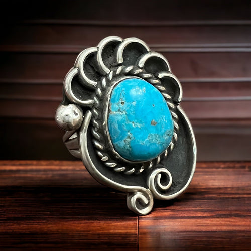 Turquoise ring - beautiful large cabochon on shadow box style base - Size 6 - Cowhide and Conchos