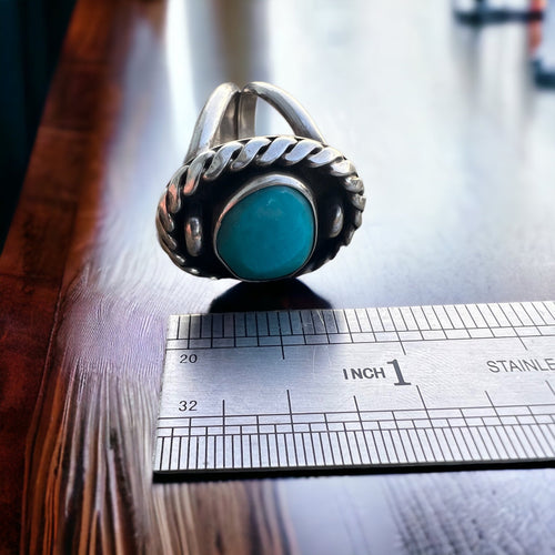 Turquoise ring - beautiful large cabochon on sterling oval shadow box style base - Size 7.5 - Cowhide and Conchos