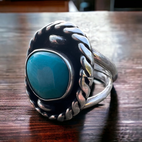 Turquoise ring - beautiful large cabochon on sterling oval shadow box style base - Size 7.5 - Cowhide and Conchos