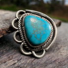 Turquoise ring - gorgeous cabochon and flower base style - Size 7 - Cowhide and Conchos