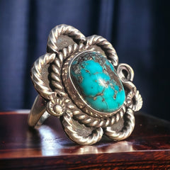 Turquoise ring - gorgeous cabochon on flower shaped sterling base - size 5 - Cowhide and Conchos