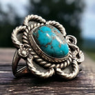 Turquoise ring - gorgeous cabochon on flower shaped sterling base - size 5 - Cowhide and Conchos