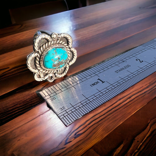 Turquoise ring - gorgeous cabochon on flower shaped sterling base - size 5 - Cowhide and Conchos