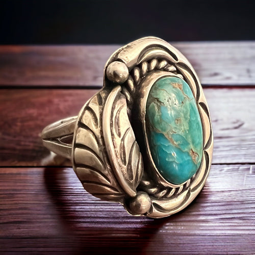 Turquoise ring - gorgeous cabochon on hand stamped sterling oval base with leaf - Size 7.5 - Cowhide and Conchos