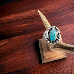 Turquoise ring - gorgeous cabochon on hand stamped sterling oval base with leaf - Size 7.5 - Cowhide and Conchos