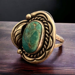 Turquoise ring - gorgeous cabochon on hand stamped sterling oval base with leaf - Size 7.5 - Cowhide and Conchos