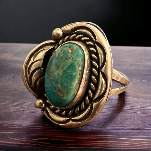 Turquoise ring - gorgeous cabochon on hand stamped sterling oval base with leaf - Size 7.5 - Cowhide and Conchos