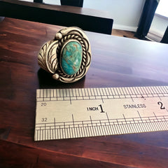 Turquoise ring - gorgeous cabochon on hand stamped sterling oval base with leaf - Size 7.5 - Cowhide and Conchos
