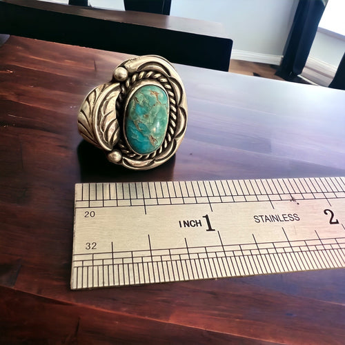 Turquoise ring - gorgeous cabochon on hand stamped sterling oval base with leaf - Size 7.5 - Cowhide and Conchos