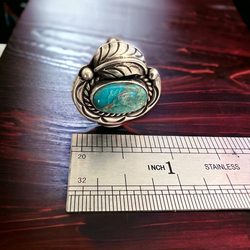 Turquoise ring - gorgeous cabochon on hand stamped sterling oval base with leaf - Size 7.5 - Cowhide and Conchos