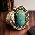 Turquoise ring - gorgeous cabochon on hand stamped sterling oval base with leaf - Size 7.5 - Cowhide and Conchos