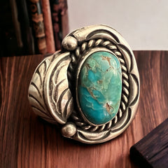 Turquoise ring - gorgeous cabochon on hand stamped sterling oval base with leaf - Size 7.5 - Cowhide and Conchos