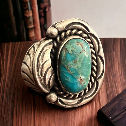 Turquoise ring - gorgeous cabochon on hand stamped sterling oval base with leaf - Size 7.5 - Cowhide and Conchos