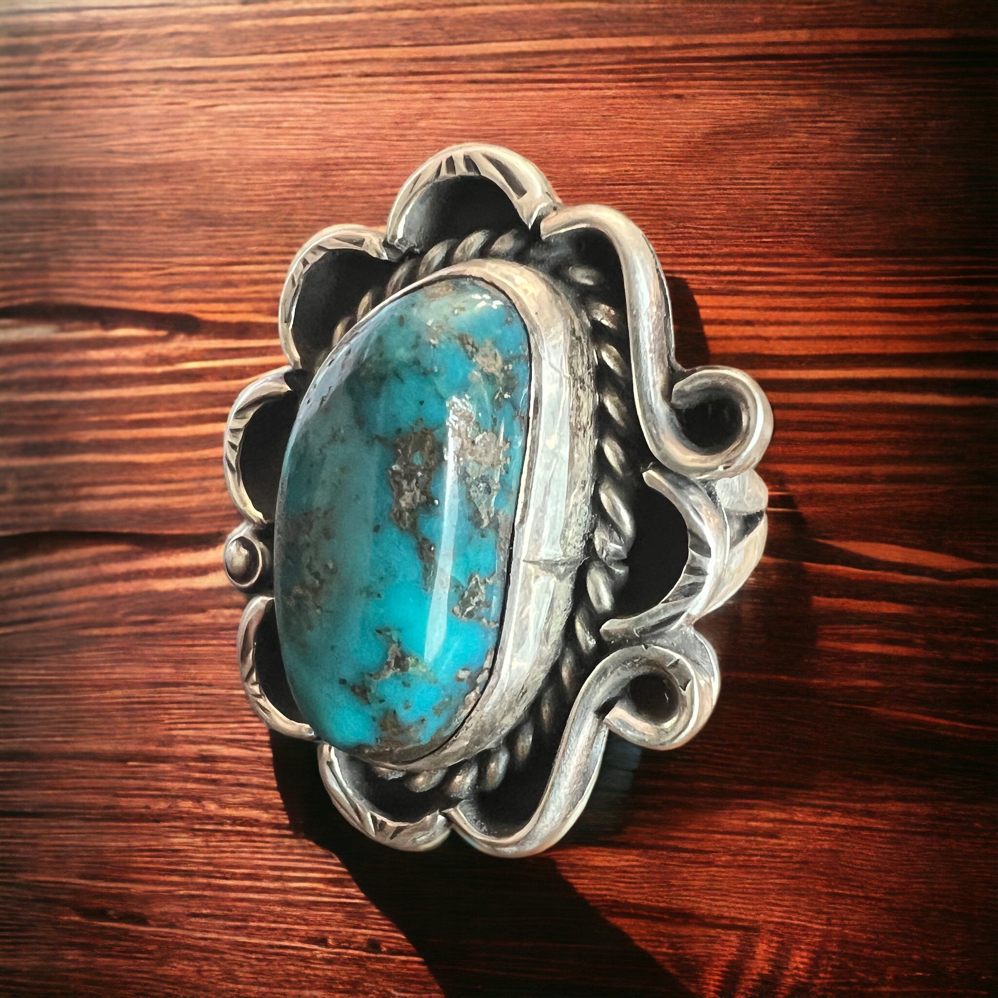 Turquoise ring - gorgeous large cabochon on sterling flower shaped base - size 7 - Cowhide and Conchos