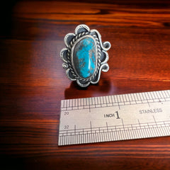 Turquoise ring - gorgeous large cabochon on sterling flower shaped base - size 7 - Cowhide and Conchos