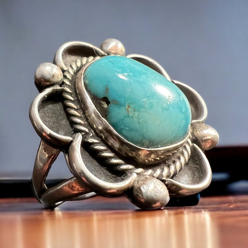Turquoise ring - gorgeous sky blue cabochon on sterling flower shaped base - Size 7.5 - Cowhide and Conchos