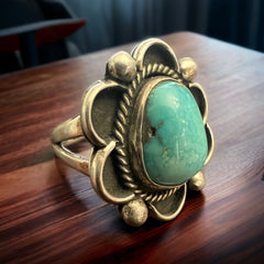 Turquoise ring - gorgeous sky blue cabochon on sterling flower shaped base - Size 7.5 - Cowhide and Conchos