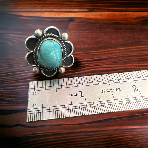 Turquoise ring - gorgeous sky blue cabochon on sterling flower shaped base - Size 7.5 - Cowhide and Conchos
