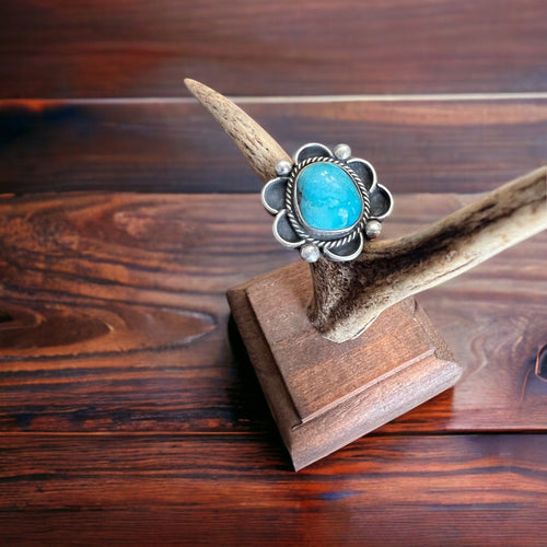 Turquoise ring - gorgeous sky blue cabochon on sterling flower shaped base - Size 7.5 - Cowhide and Conchos