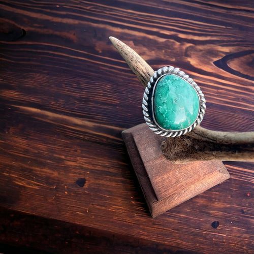 Turquoise ring - large turquoise cabochon on sterling base - Size 5 - Cowhide and Conchos