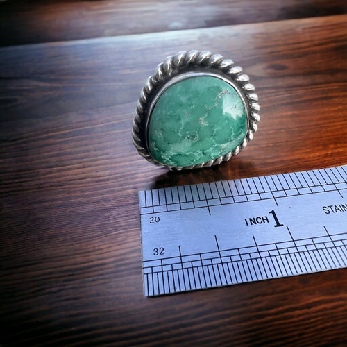 Turquoise ring - large turquoise cabochon on sterling base - Size 5 - Cowhide and Conchos