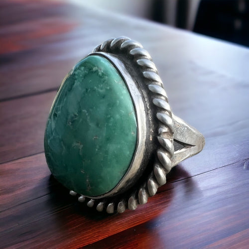 Turquoise ring - large turquoise cabochon on sterling base - Size 5 - Cowhide and Conchos