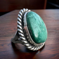 Turquoise ring - large turquoise cabochon on sterling base - Size 5 - Cowhide and Conchos