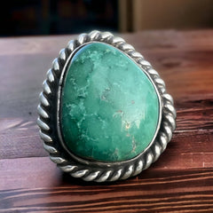 Turquoise ring - large turquoise cabochon on sterling base - Size 5 - Cowhide and Conchos