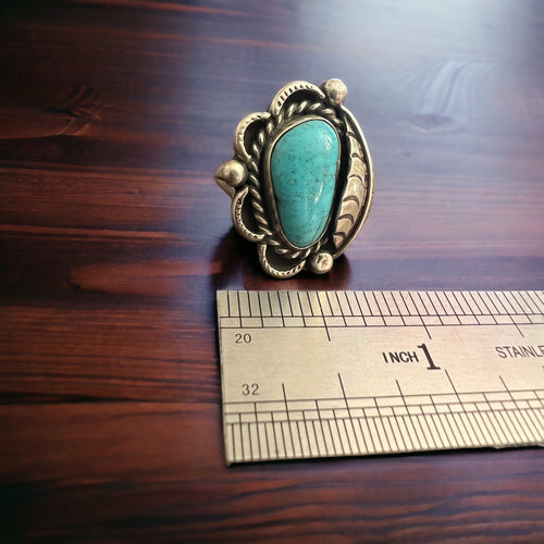 Turquoise ring - Turquoise on hand stamped sterling silver with leaf - Size 7 - Cowhide and Conchos