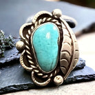 Turquoise ring - Turquoise on hand stamped sterling silver with leaf - Size 7 - Cowhide and Conchos