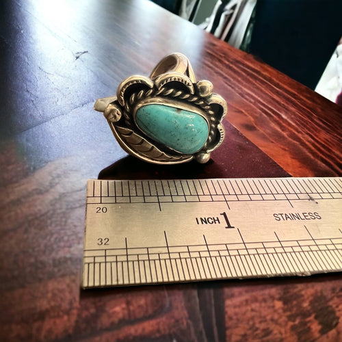 Turquoise ring - Turquoise on hand stamped sterling silver with leaf - Size 7 - Cowhide and Conchos