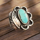 Turquoise ring - Turquoise on sterling silver with leaf - Size 4.5 - Cowhide and Conchos
