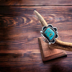 Turquoise ring with sterling leaf - signed A Chapo - size 7 - Cowhide and Conchos