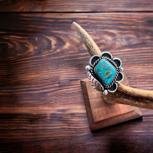 Turquoise ring with sterling leaf - signed A Chapo - size 7 - Cowhide and Conchos