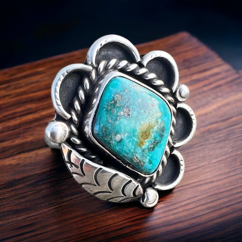 Turquoise ring with sterling leaf - signed A Chapo - size 7 - Cowhide and Conchos