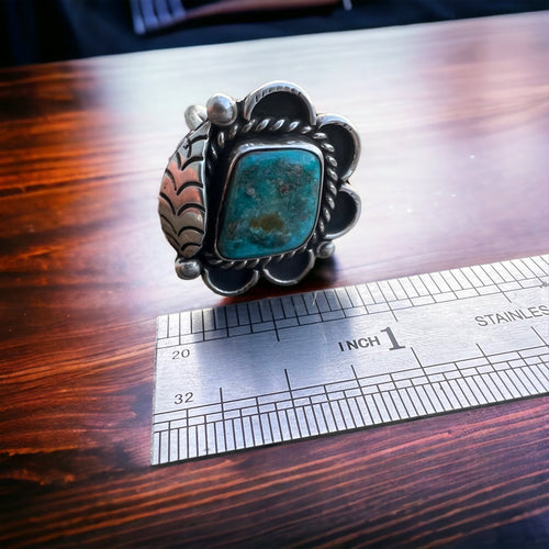 Turquoise ring with sterling leaf - signed A Chapo - size 7 - Cowhide and Conchos