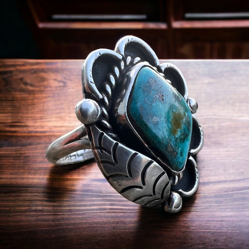 Turquoise ring with sterling leaf - signed A Chapo - size 7 - Cowhide and Conchos