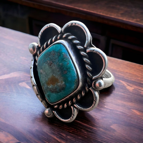 Turquoise ring with sterling leaf - signed A Chapo - size 7 - Cowhide and Conchos