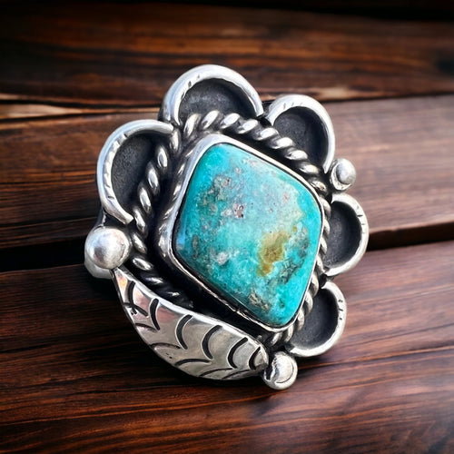 Turquoise ring with sterling leaf - signed A Chapo - size 7 - Cowhide and Conchos