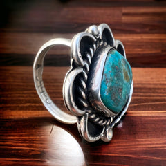 Turquoise ring with sterling leaf - signed A Chapo - size 7 - Cowhide and Conchos
