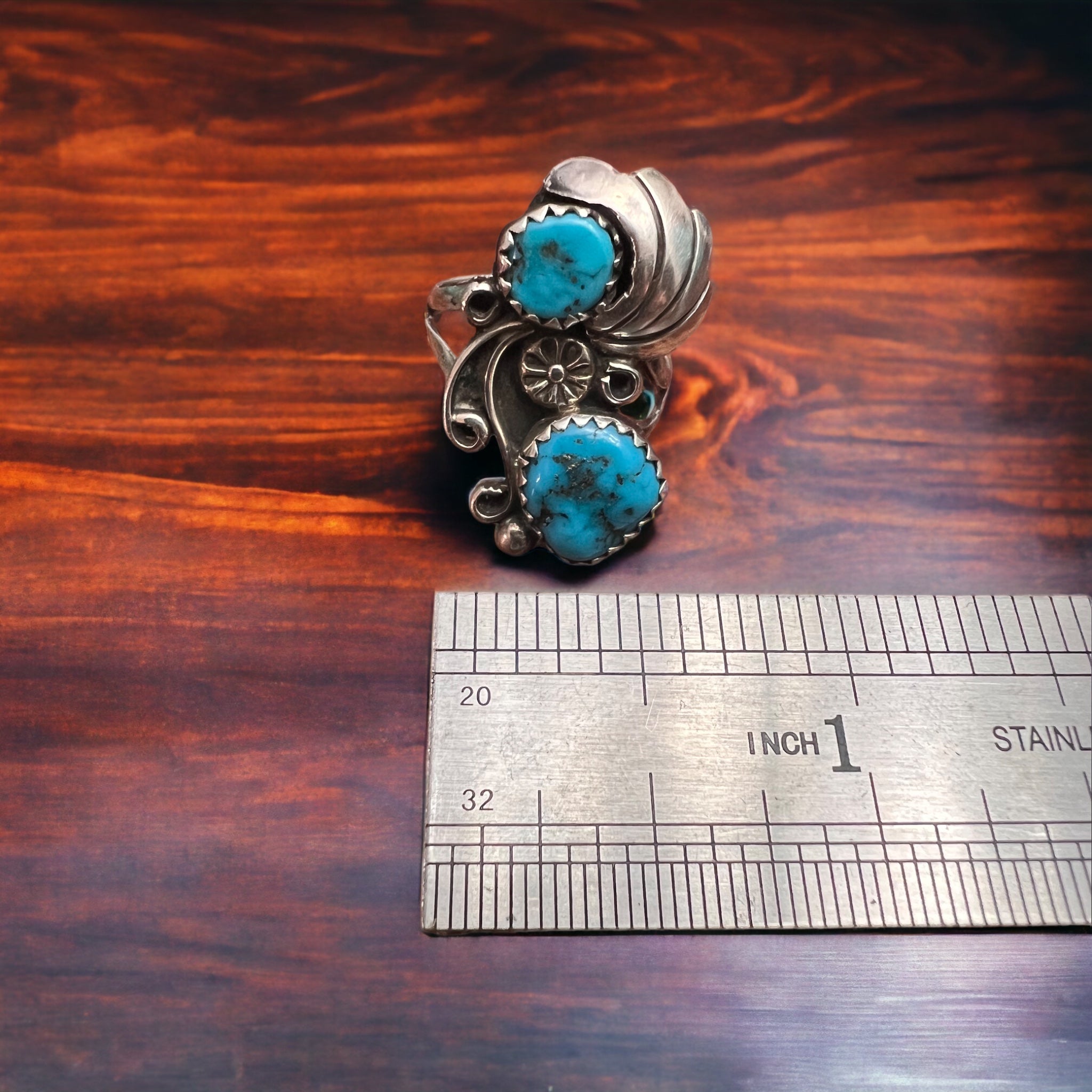 Vintage Native American handmade sterling silver and turquoise ring - Size 5 - Cowhide and Conchos