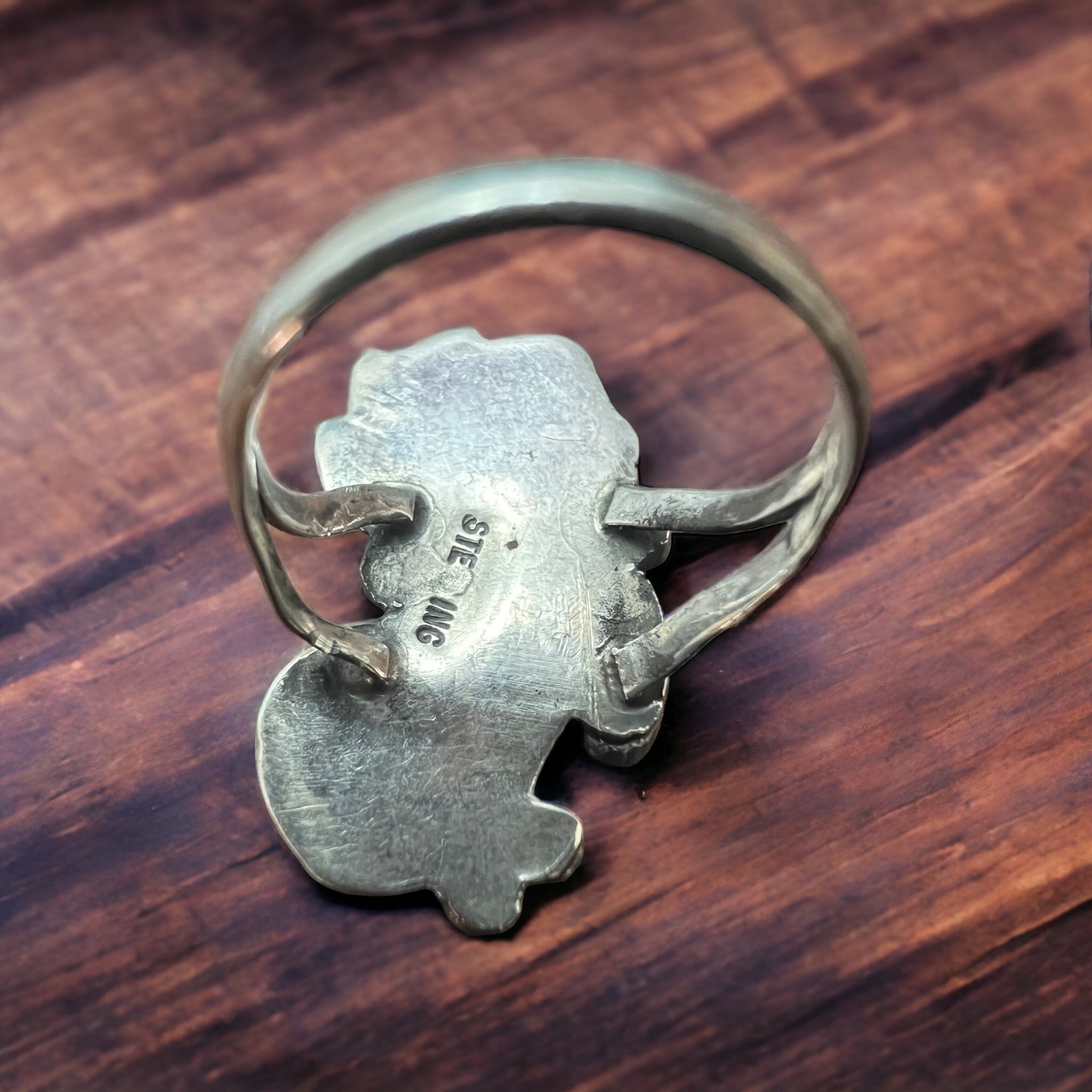 Vintage Native American handmade sterling silver and turquoise ring - Size 5 - Cowhide and Conchos