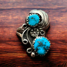 Vintage Native American handmade sterling silver and turquoise ring - Size 5 - Cowhide and Conchos