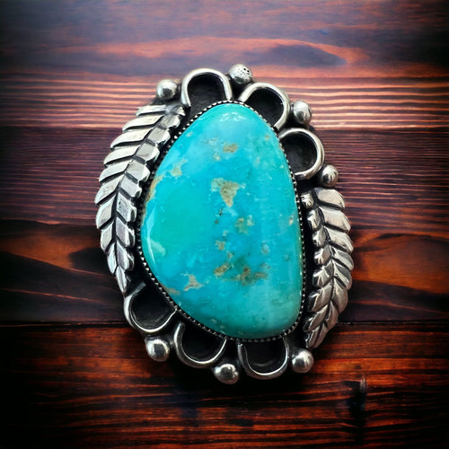 Vintage signed Navajo sterling silver and turquoise with leaf - Cowhide and Conchos