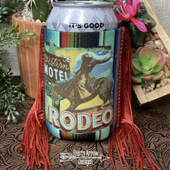 Western Motel Rodeo Fringe Koozie - Cowhide and Conchos
