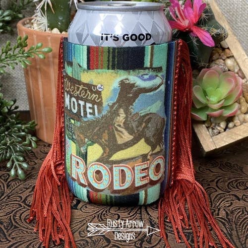 Western Motel Rodeo Fringe Koozie - Cowhide and Conchos