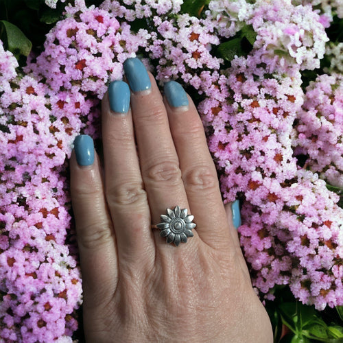Western Wildflower Ring - Solid sterling silver western sunflower ring - Cowhide and Conchos